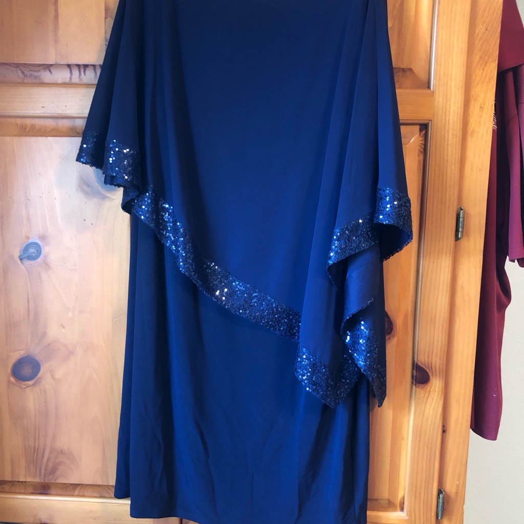 Navy Blue Evening Dress With Sheer Overlay By Chaps Sz18